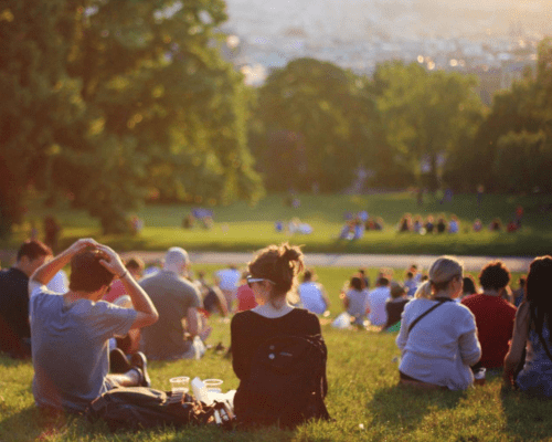 Grupos de jóvenes sentados en grupos en un parque de césped.